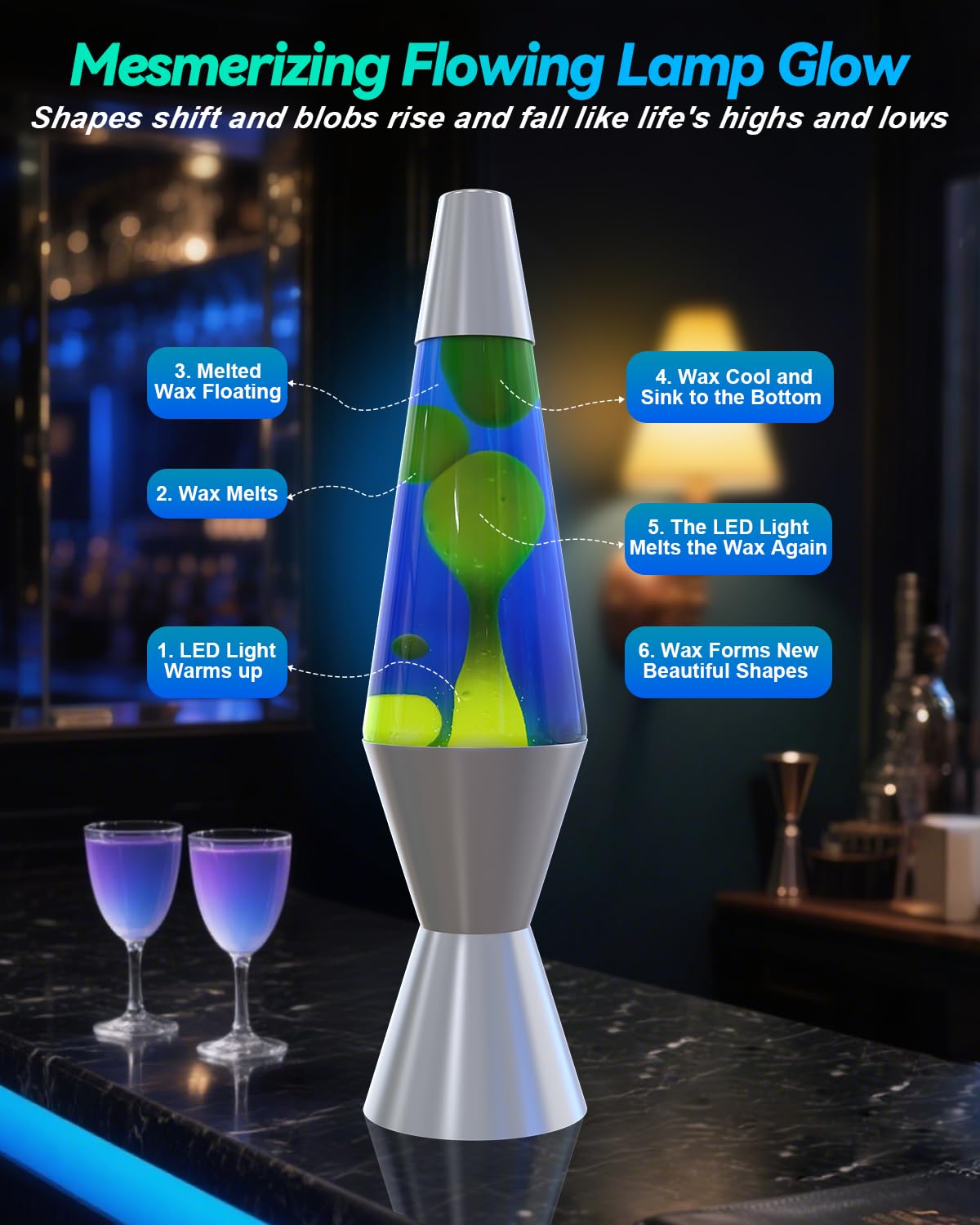 AONESY Lampe à Lave 37cm Bleu Foncé Liquide & Jaune Cire Lampe à Lave Enfants Lampe de Nuit Lumière Colorée Cadeau pour Noël Anniversaire