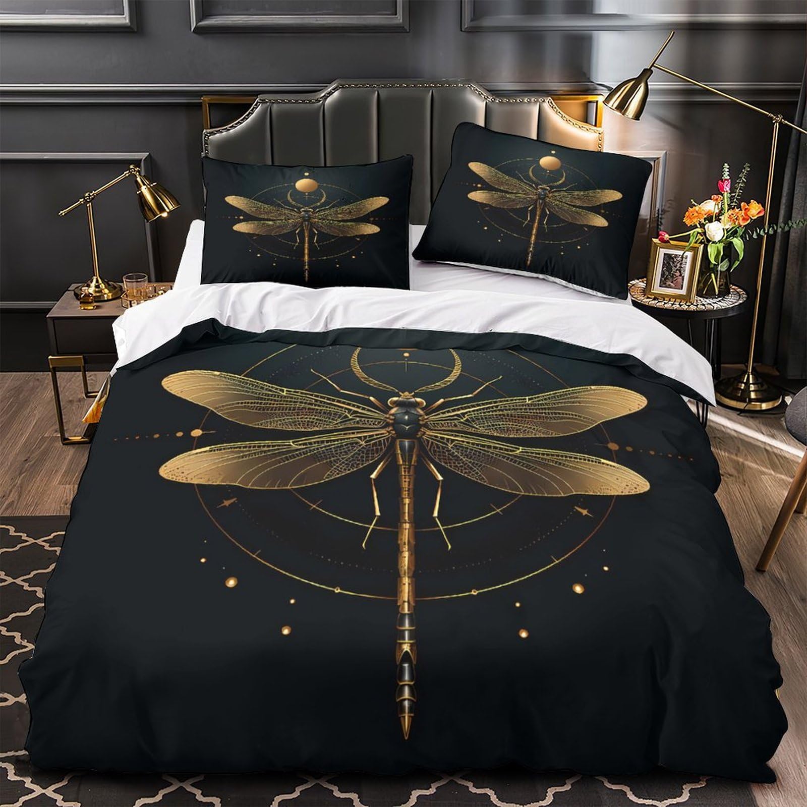 Housse de couette libellule dorée anti-acarien fermeture éclair lit simple 140x200