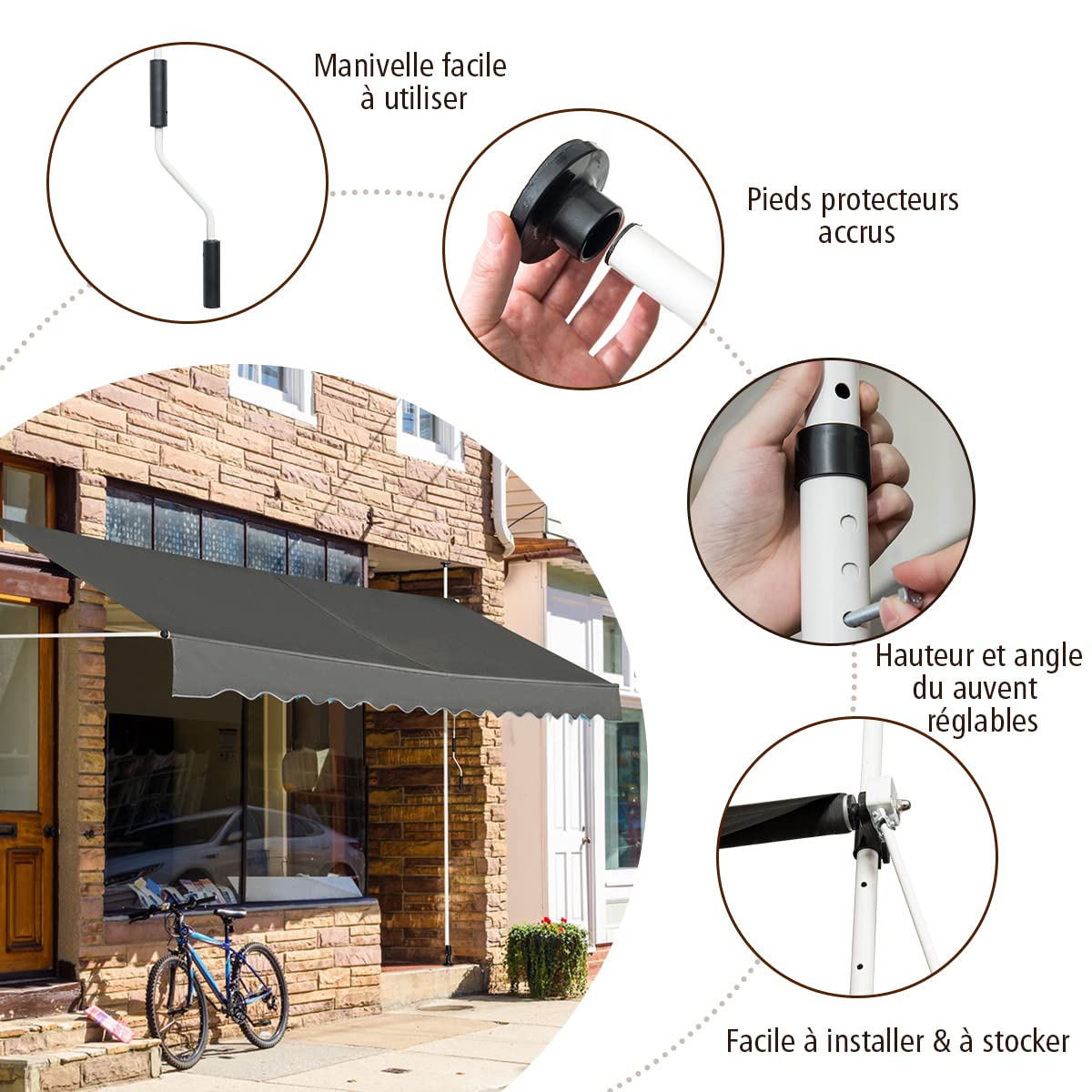 DREAMADE Auvent Rétractable Manuel avec Manivelle, Store Banne avec Tige de Support Réglable en Hauteur, Résistant au Solaire, pour Balcon, Cour, Terrasse de Café, d’Hôtel, de Magasin (Gris, 4M)