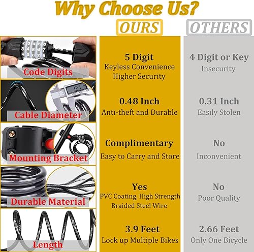 Miniatura 2 de Candado de bicicleta con combinación de candado para bicicleta, 5 dígitos, cerraduras de bicicleta antirrobo, cerradura de bicicleta en espiral de