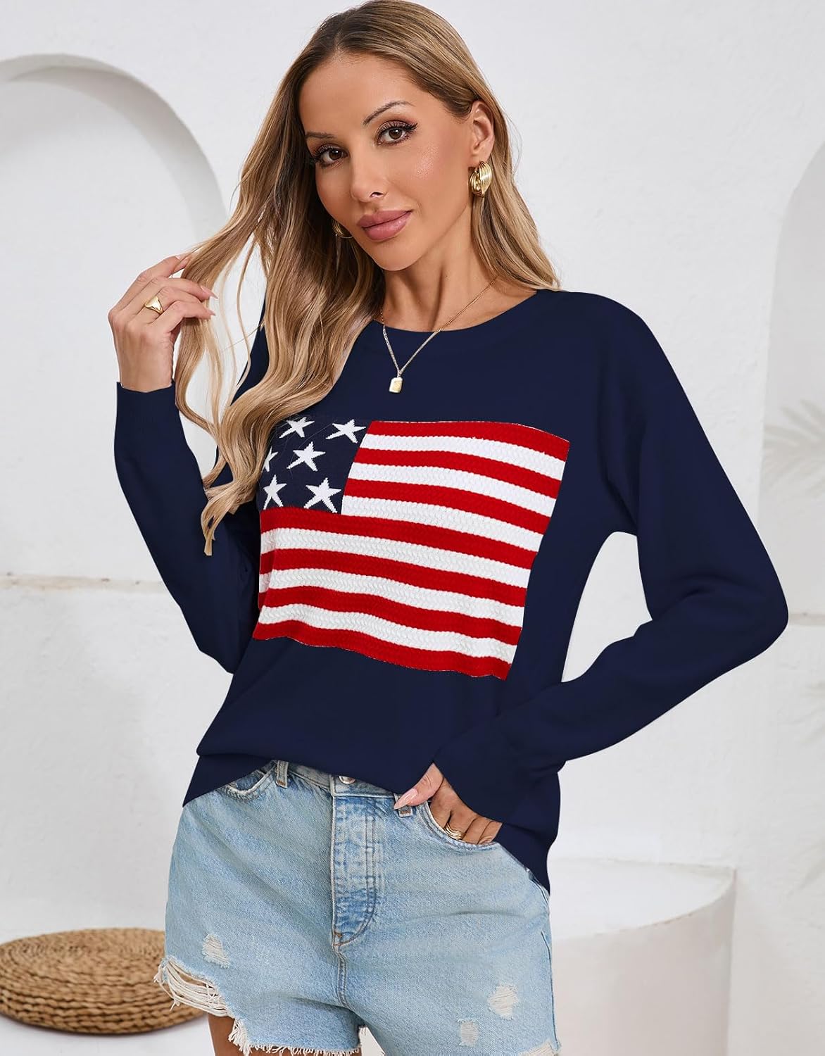 Womens American Flag Sweater, Long Sleeve Crewneck Colorblock Striped Pullover with Drop Shoulder - Casual Knitted Sweaters - Image 8