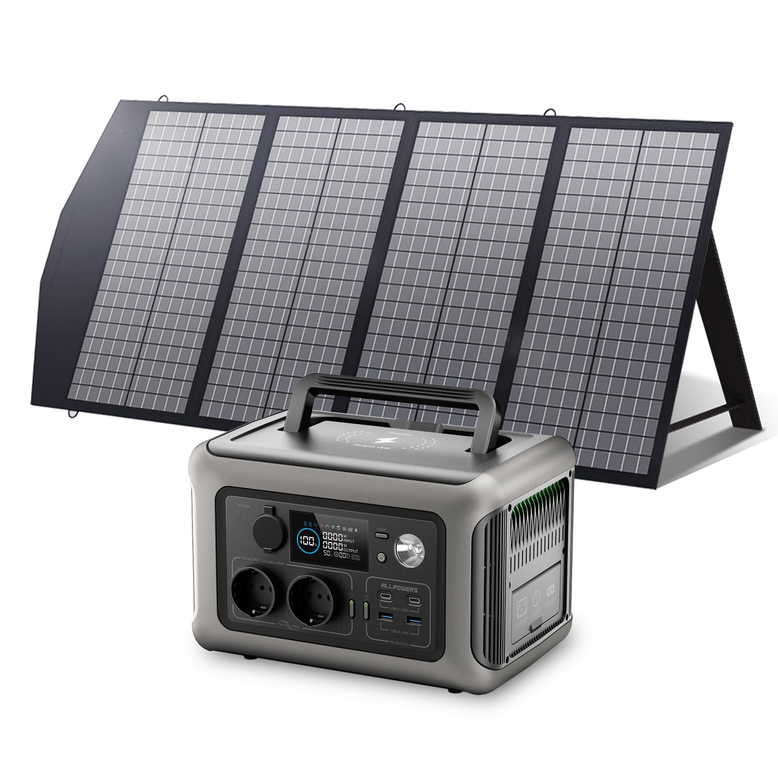 ALLPOWERS Solargenerator R600 mit 140W Solarpanel, 299WH LiFePO4 Batterie, 2x 600W (1200W Spitze) AC Ausgang Tragbare Powerstation, Mobile Stromversorgung für Garten Reise Camping Wohnmobil Notfall
