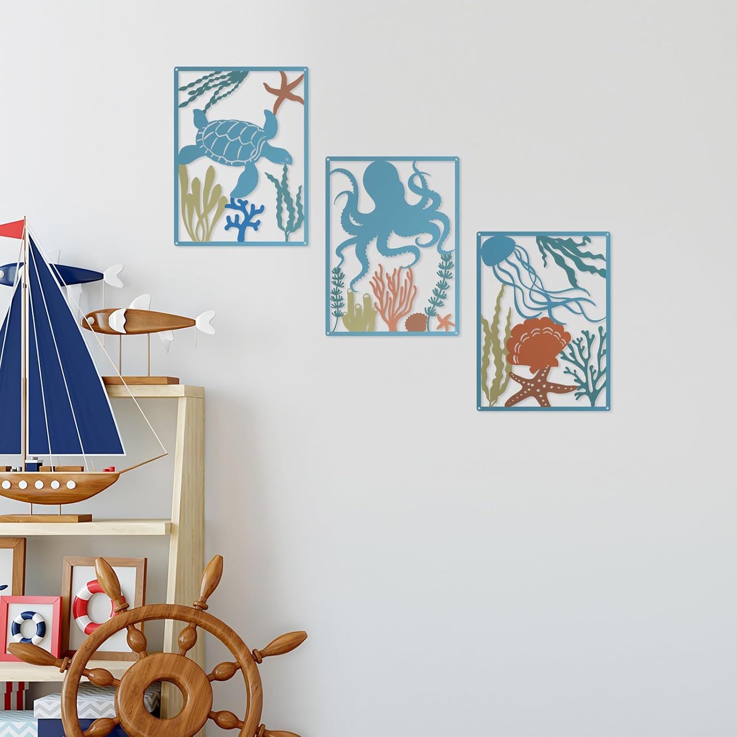 pechpell Set of 3 Metal Ocean Bathroom Decor, 15.7"×11.8" Sea Turtle Octopus Jellyfish Starfish Seashell Coastal Wall Art Decor, Coastal Themed Beachy Indoor Livingroom Bedroom Home Decorations