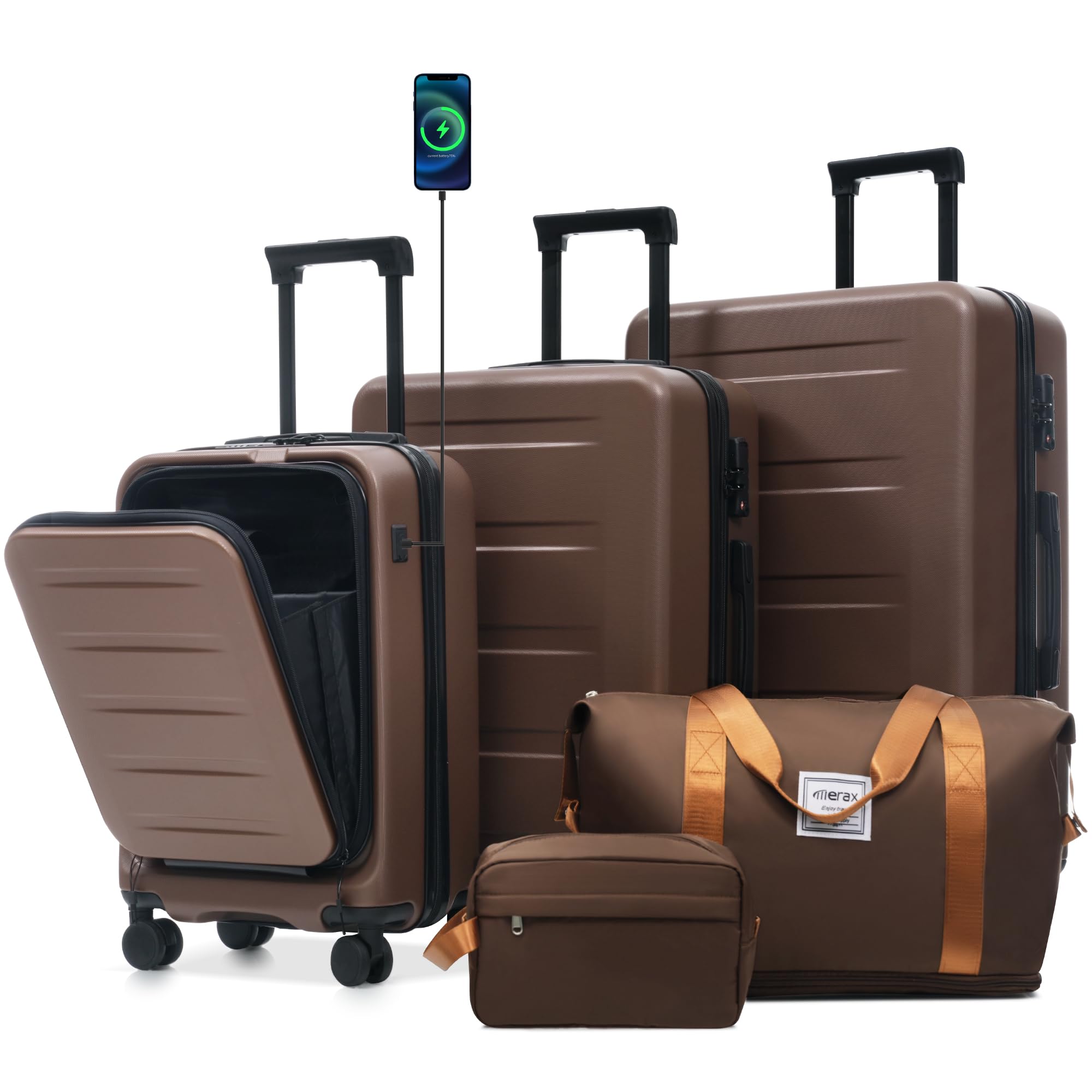 Merax Luggage Sets 5 Piece,Front Open Hardshell Expandable Suitcase with Spinner Wheels and Duffel Bags,Lightweight Carry on Luggage with USB Port,20/