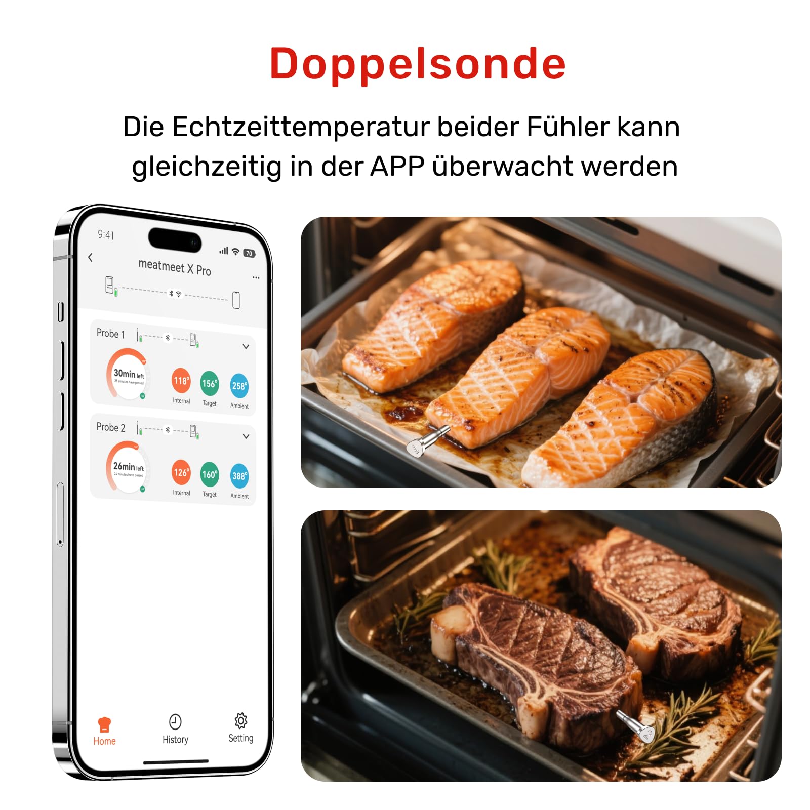 X Pro Fleischthermometer kabellos mit Bluetooth & WLAN, 2 Sonden 6 Sensoren, Einteiliges Edelstahldesign, IP69 Wasserdicht, 582°C Hitzebeständigkeit, Grill Ofen Küche Heißluftfritteuse