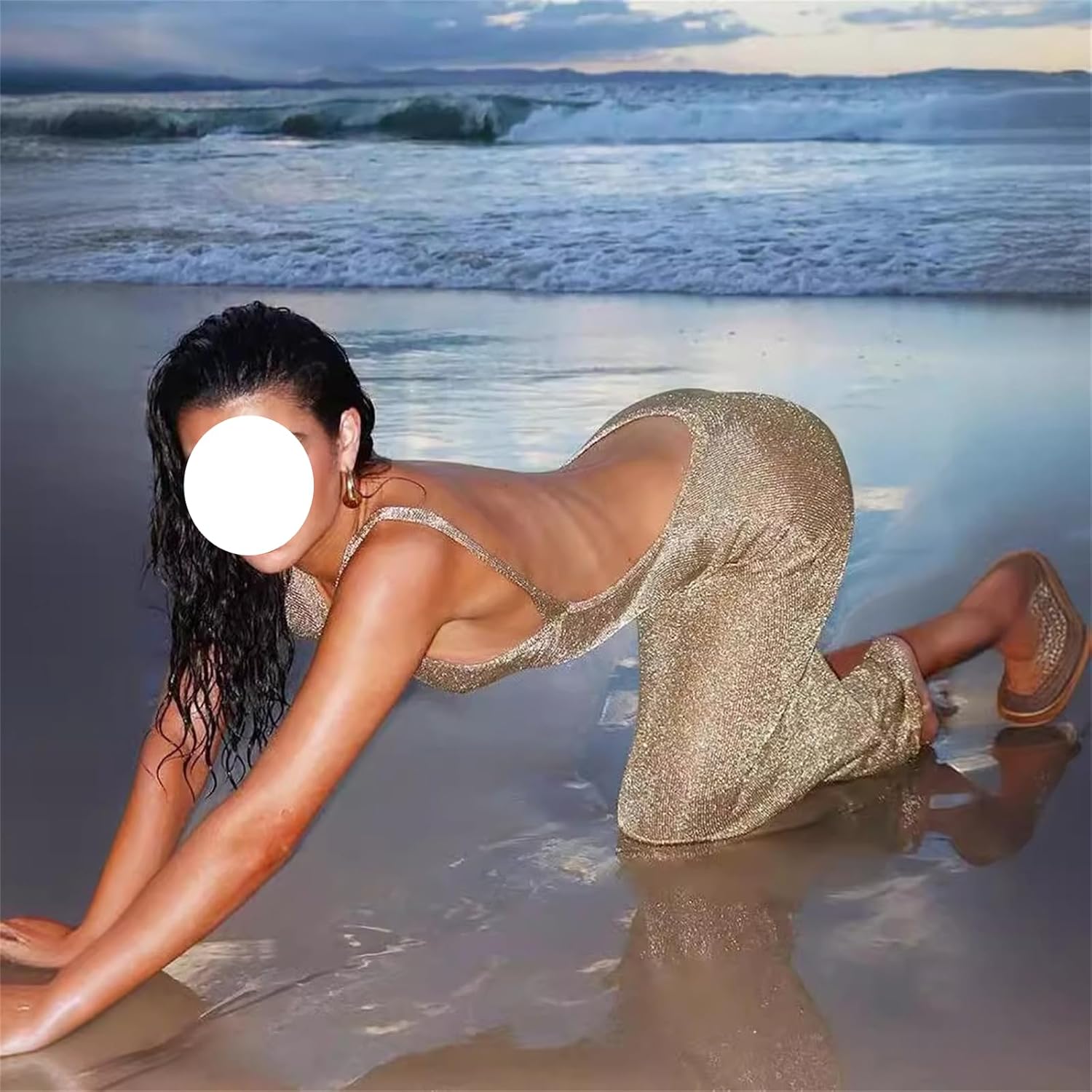 Crochet Dress Sexy Maxi Dresses Sheer Casual Sundress Backless Beach Summer Bodycon Sleeveless Sweater Dress (Khaki,Large) - Image 5