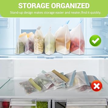 24 Pack Dishwasher Safe Reusable Freezer Bags, Stand Up Reusable Sandwich Bags, BPA Free Leakproof Reusable Ziplock Bags, Silicone Reusable Food Bags for Candy, fruits, Cereal, Home Organization