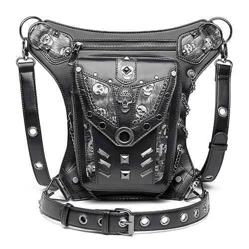 Steampunk Waist Bag Fanny Pack Fashion Gothic Leather Shoulder Crossbody Messenger Bags Thigh Leg Hip Holster Purse Travel Pouch Hiking Sport Chain Bags for Women Men - 100 BK