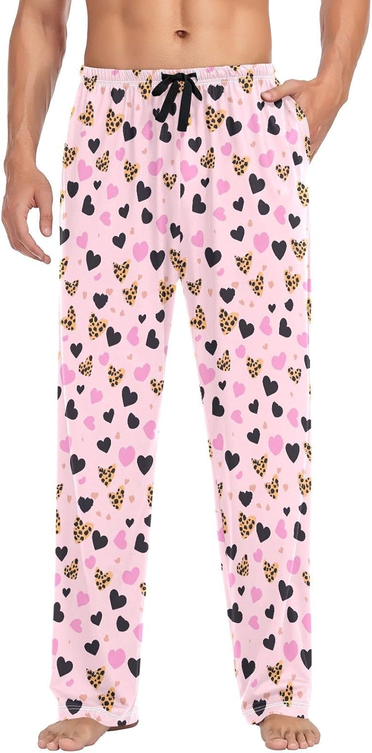ALAZA Heart Cheetah Leopard Print Men's Pajama Pants Men Cotton Pajama Bottoms with Pockets, S