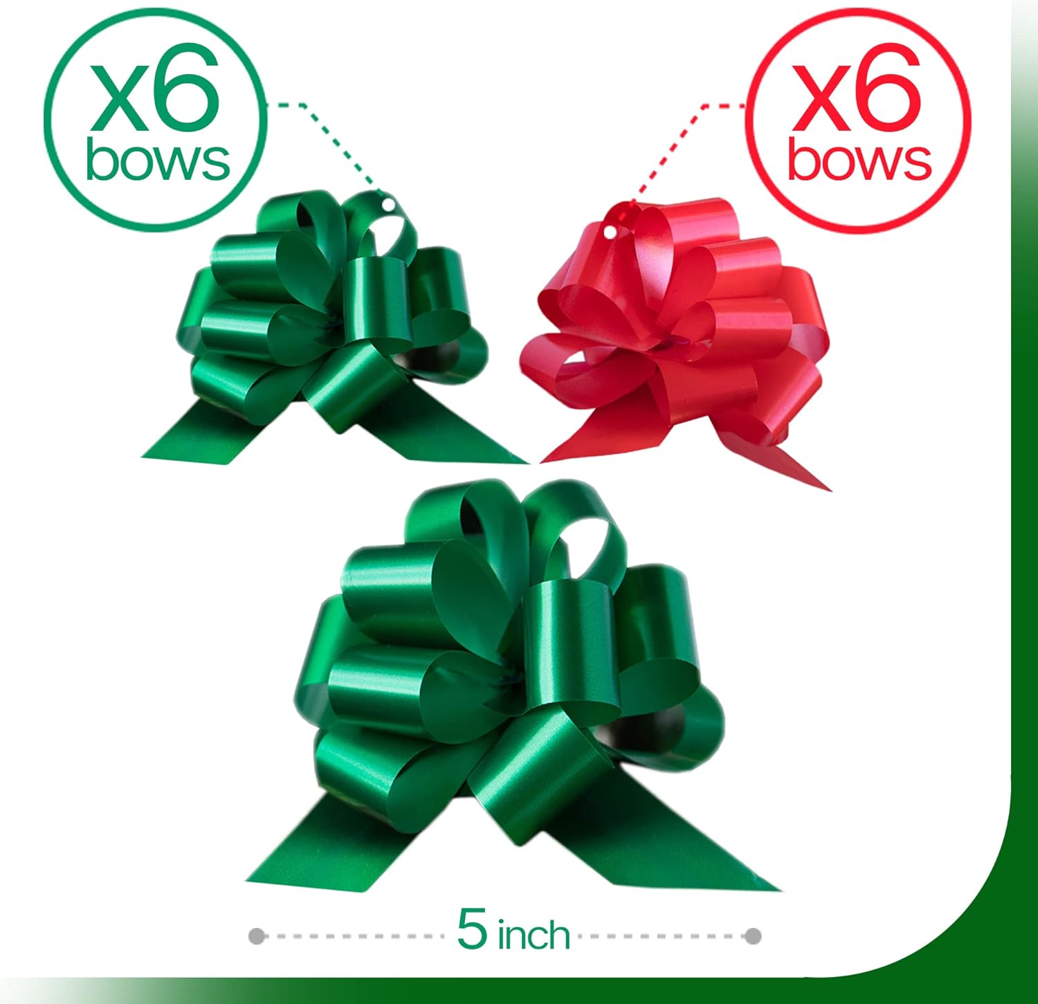 Eye-Catching Xmas Pull Bows for Easy Gift Wrapping with Ribbon - 5" Wide Wrap Bows for Christmas Tree Decoration, Holiday Décor, Present Wrapping, Baskets, Birthday, Easter - 6 Green and 6 Red Bows : Health & Household