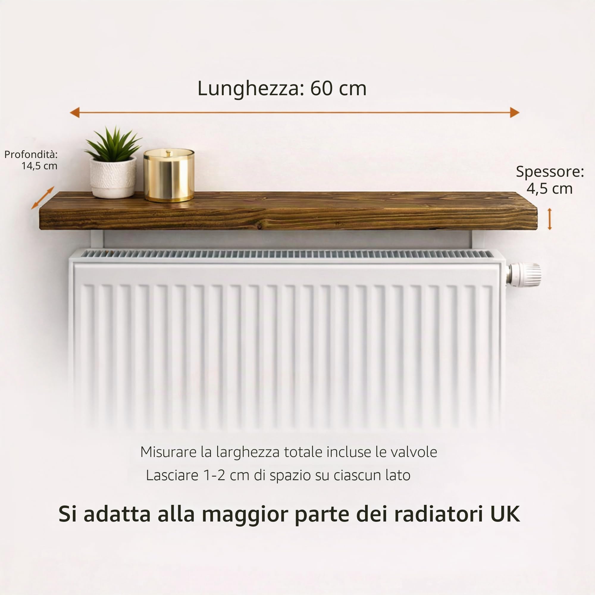 MKGT Mensola per radiatore senza trapano, rustica, sottile, per corridoio (rovere Tudor, 60 cm)