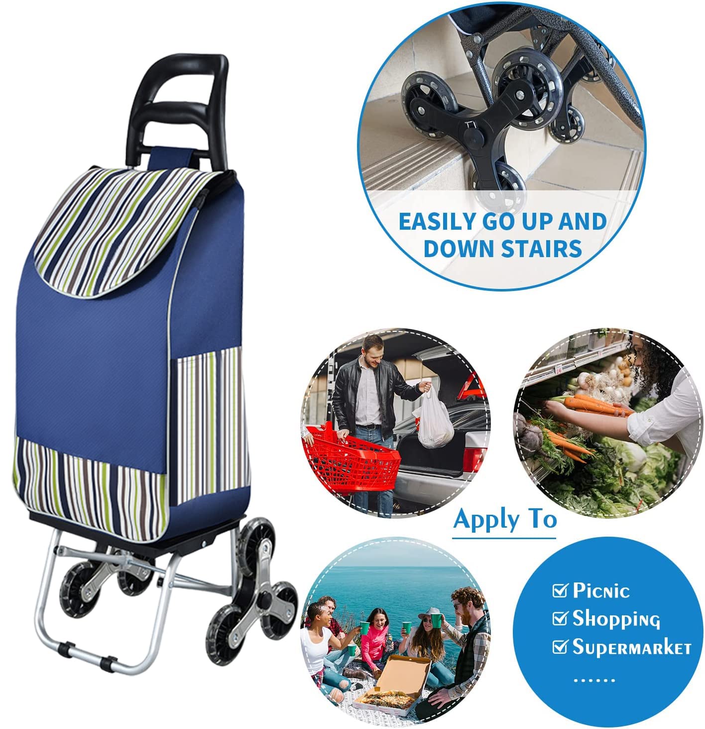Zusammenklappbarer Einkaufstrolley auf 6 Rädern, Leichter 2-in-1-Einkaufswagen aus Aluminium mit Abnehmbarer Tasche, Treppensteig-Einkaufswagen (Blau 2)
