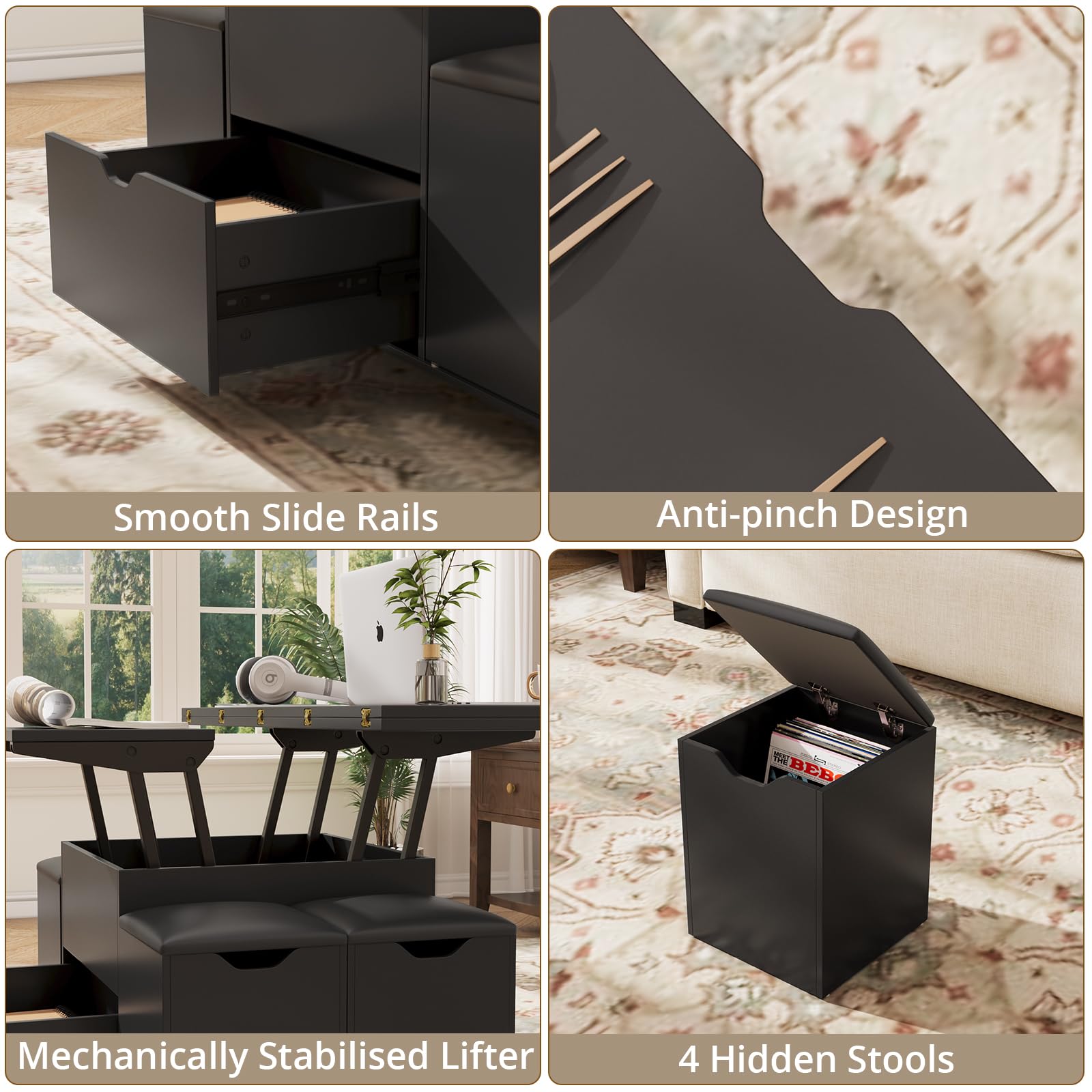 VOWNER Table Basse Relevable Transformable Table à Manger, Noir | Meuble 3 en 1 multifonctionnel pour salon avec tiroir et 4 tabourets inclus