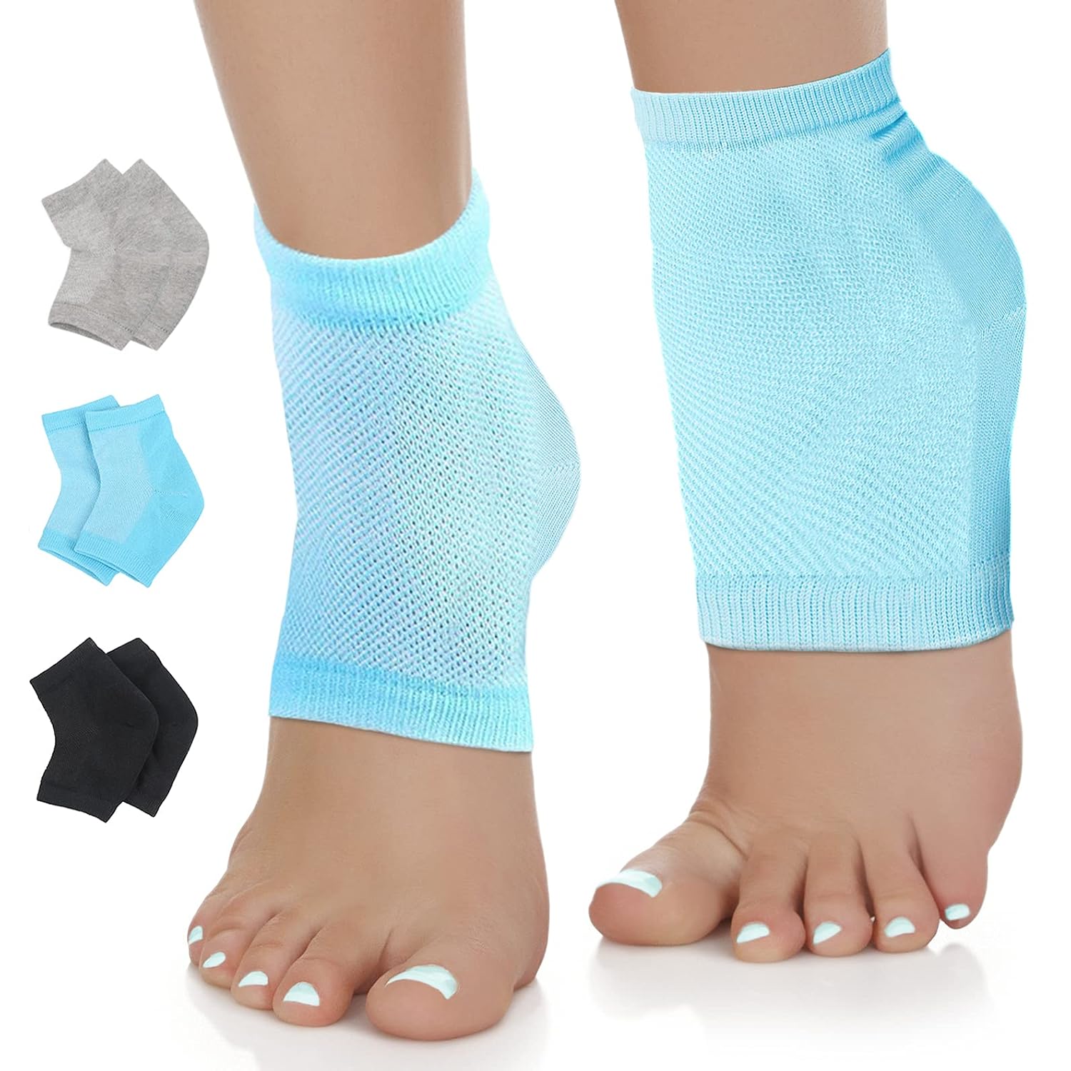 Nado Care Moisturizing Socks Lotion Gel for Dry Cracked Heels - Spa Gel Socks Humectant Moisturizer Heel Balm Foot Care Heel Softener Compression Cotton - 3 Pair (Blue, Black, Gray)