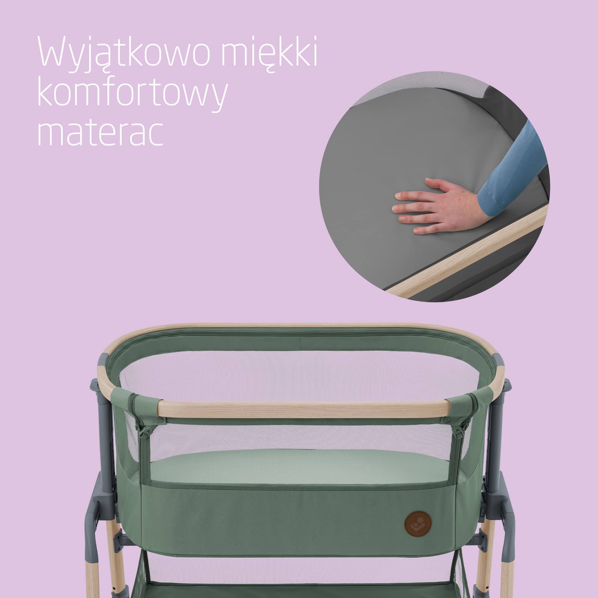 Maxi-Cosi Iora Air Łóżeczko Przystawka, Siatka do okoła, 0–6 mies., maks. 9 kg, Tryb bujania, 4 Poz. Odchylenia i 5 Wysokości, Łatwe Przesuwanie, Wygodny Materac, Łatwe Przenoszenie, Beyond Green