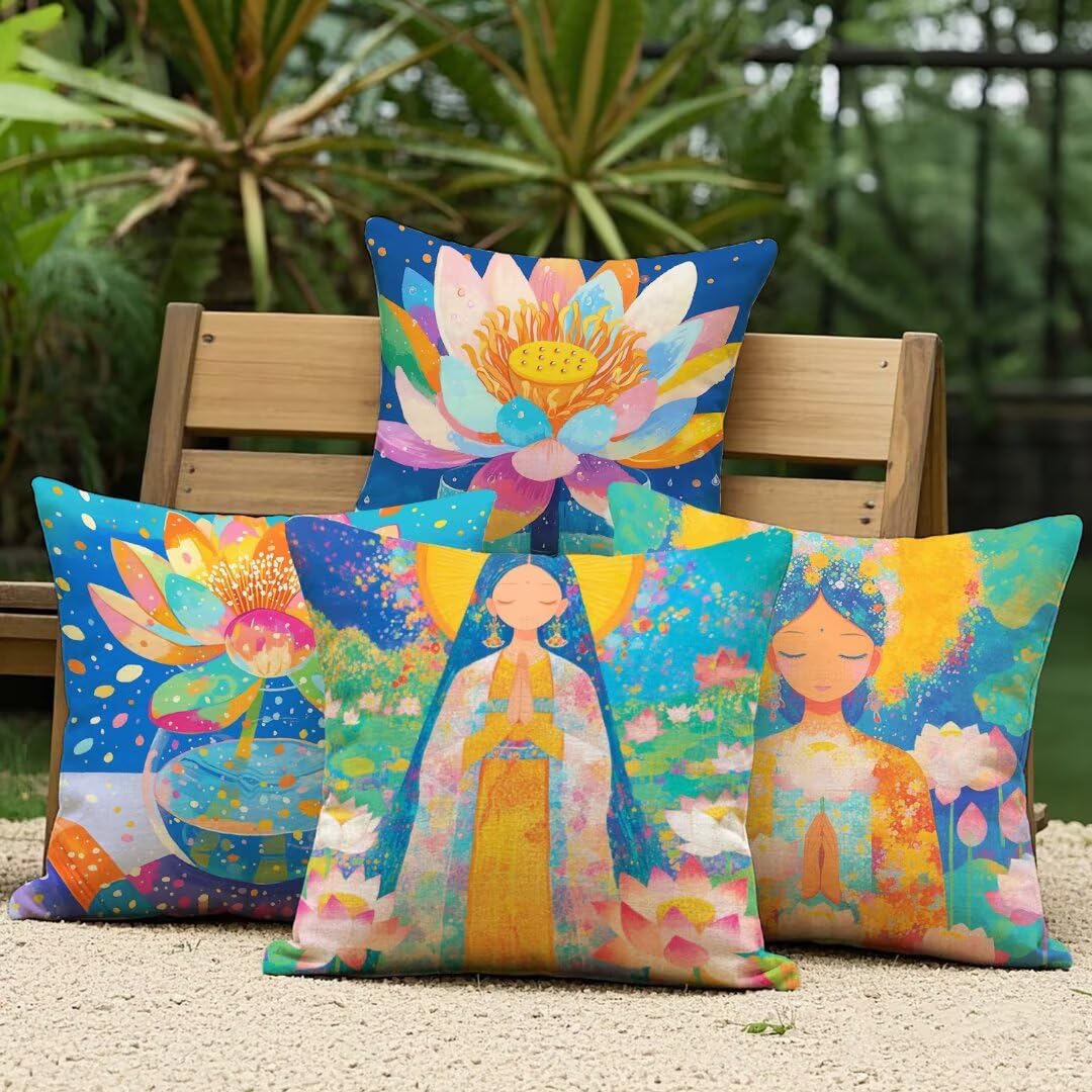 Fundas Cojines 50x50 cm Exterior Cojines Zen Fundas de Almohada Juego de 4, Cuadrados Funda Cojin Loto Almohadas con Cremallera Invisible, Cama Decorativos para Hogar, Jardín, Salón y Dormitorio Ym73