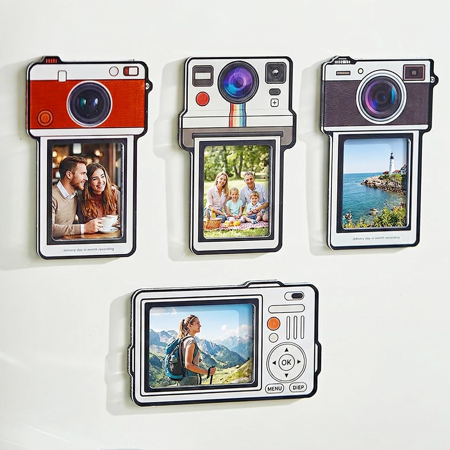 Vintage Camera Fridge Magnets Set for 2“x3”, 4 Pcs Acrylic Retro-Style Magnetic Photo Frames for Instant Prints – Fun Refrigerator Decor, Dorm & Office Gift