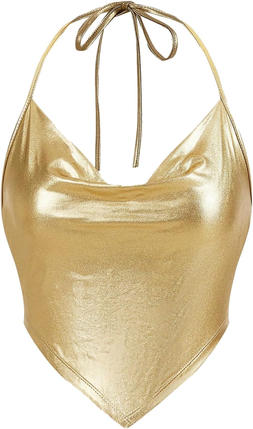 Women's Metallic Draped Front Tank Shiny Halter Top for Dancing, Raves, Festivals, Costumes