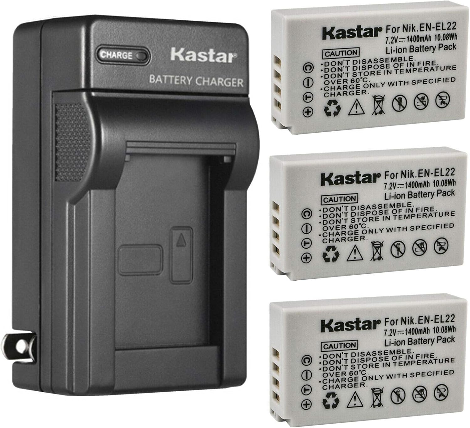 Kastar 3-Pack Battery and AC Wall Charger Replacement for Nikon EN-EL22 Battery MH-29 Charger, Nikon 1 J4 Digital Camera, Nikon 1J4 Digital Camera, Nikon 1 S2 Digital Camera, Nikon 1S2 Digital Camera