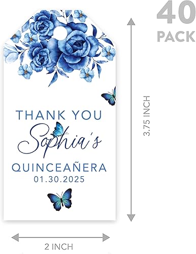Miniatura 5 de Andaz Press Paquete de 40 etiquetas personalizadas para quinceañera con cuerda, mariposas azules etiquetas de agradecimiento personalizadas y