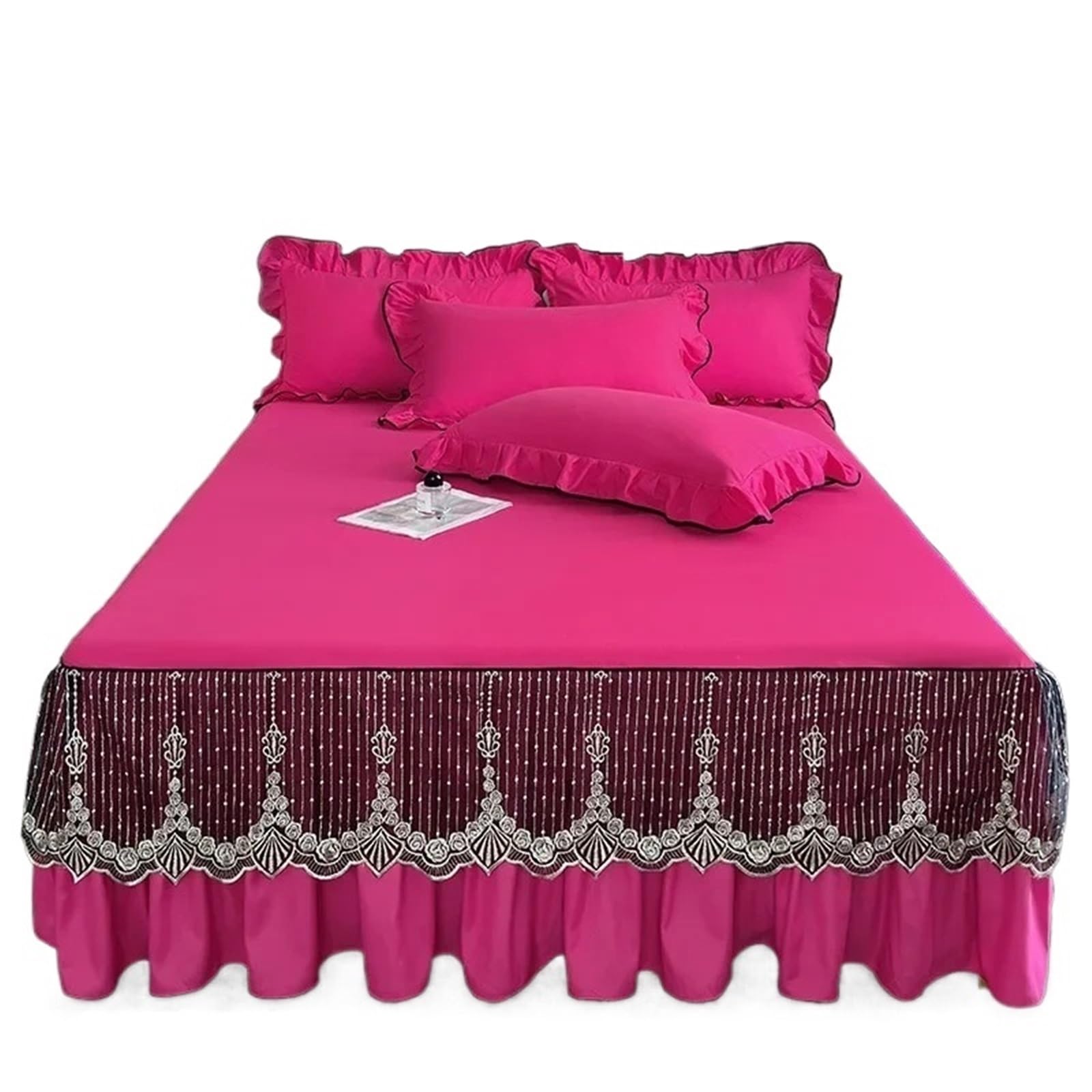 3 Pcs Lace Knit Bed Skirt Solid Color Queen King Bedspread On The Ruffle Home With Pillowcases(Rose Red,3 pcs 180x200cm)
