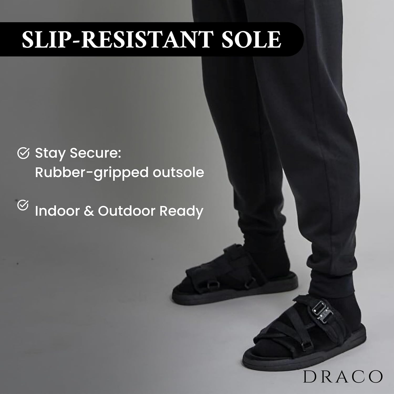 DracoSlides Remastered Slides for Men and Women - Covered in Premium Velour with Adjustable Straps Ideal for Wide/Narrow Feet, Sandals with Arch Support & Slip Resistant, Men & Women Footwear, Black