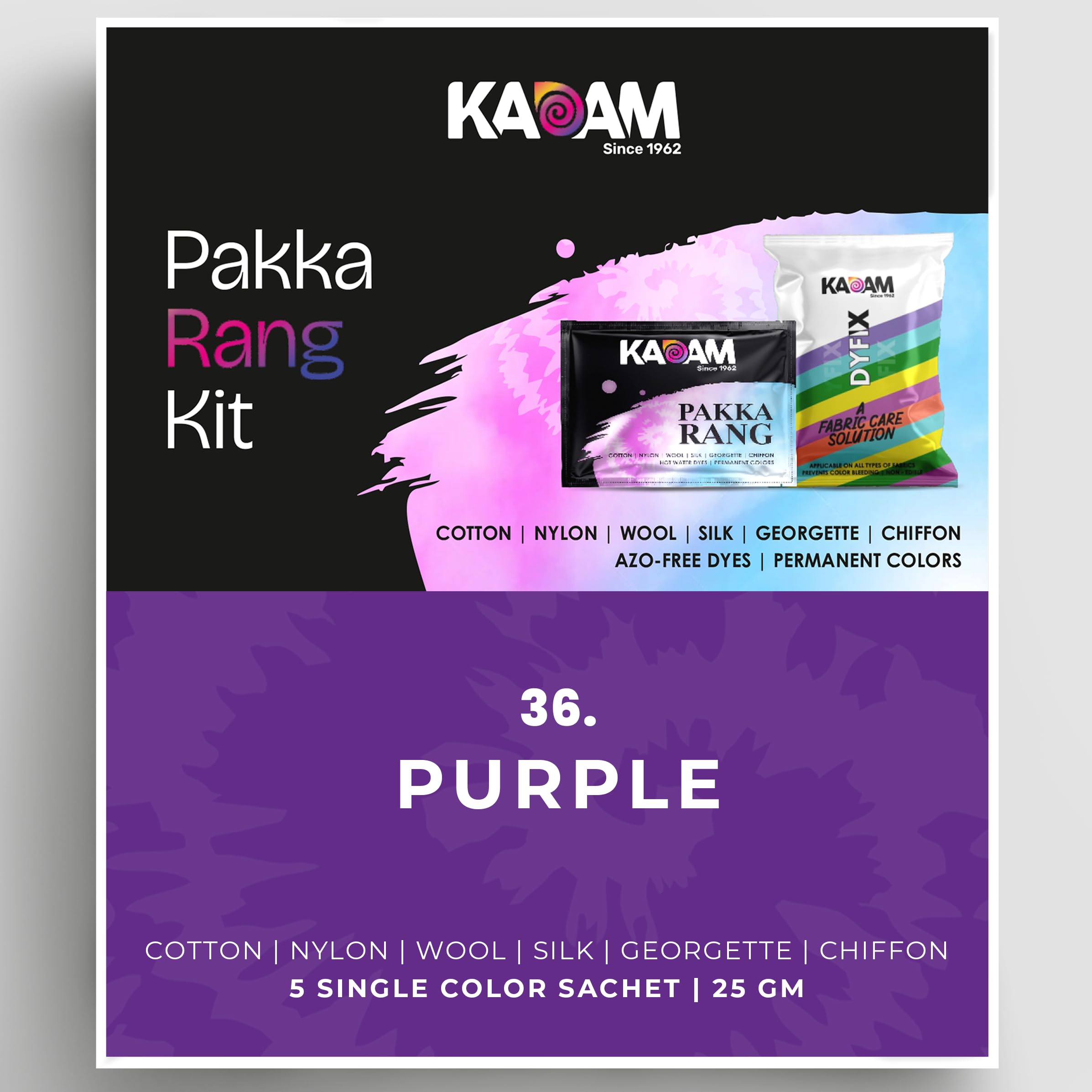Kadam Pakka Rang Fabric Dye Colour | Purple | 25g Pack | Includes DyFix Color Fixer | Permanent Fabric Dyes for Old Faded Jeans and Clothes