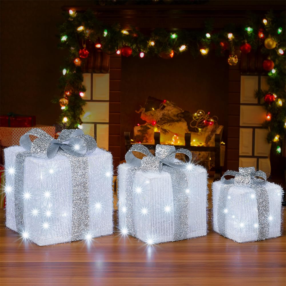 BAKAJI Set 3 Pacchetti Pacchi Regalo Luminosi di Natale con Decorazioni Addobbi Luci LED Natalizie Box Luminose in Rattan Natale Scatole con Luci Festive Kit Decorazioni Natalizie Interni Esterni…