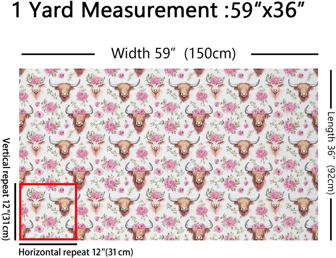 Brown Highland Cow Fabric by The Yard Watercolor Pink Rose Garden Flowers Fabric for Sewing Lovers Farm Animal Romantic Floral Rustic Style Fabric for Room Decor and DIY Upholstery 5 Yards,180"Lx59"W