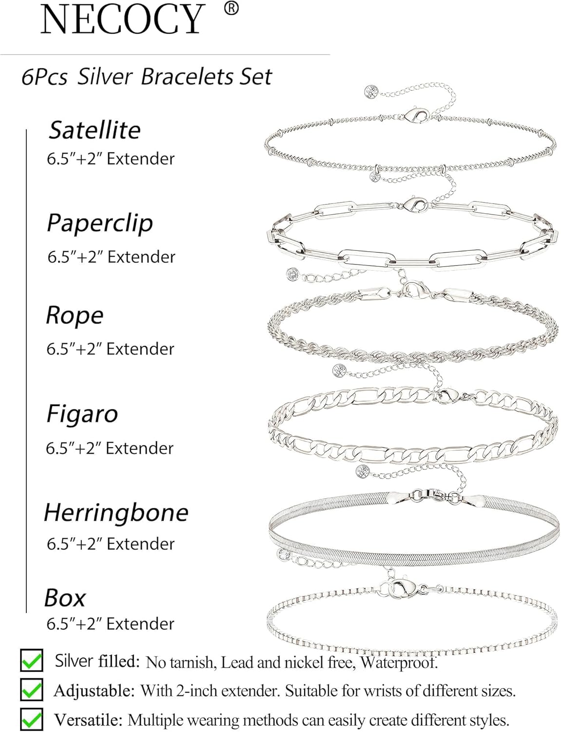NECOCY Dainty Silver Plated Bracelets for Women Trendy, Silver Jewelry Set for Women Bracelets for Women Paperclip Box Herringbone Figaro Rope Chain Bracelet Fashion Pack Gifts for Women - Image 5