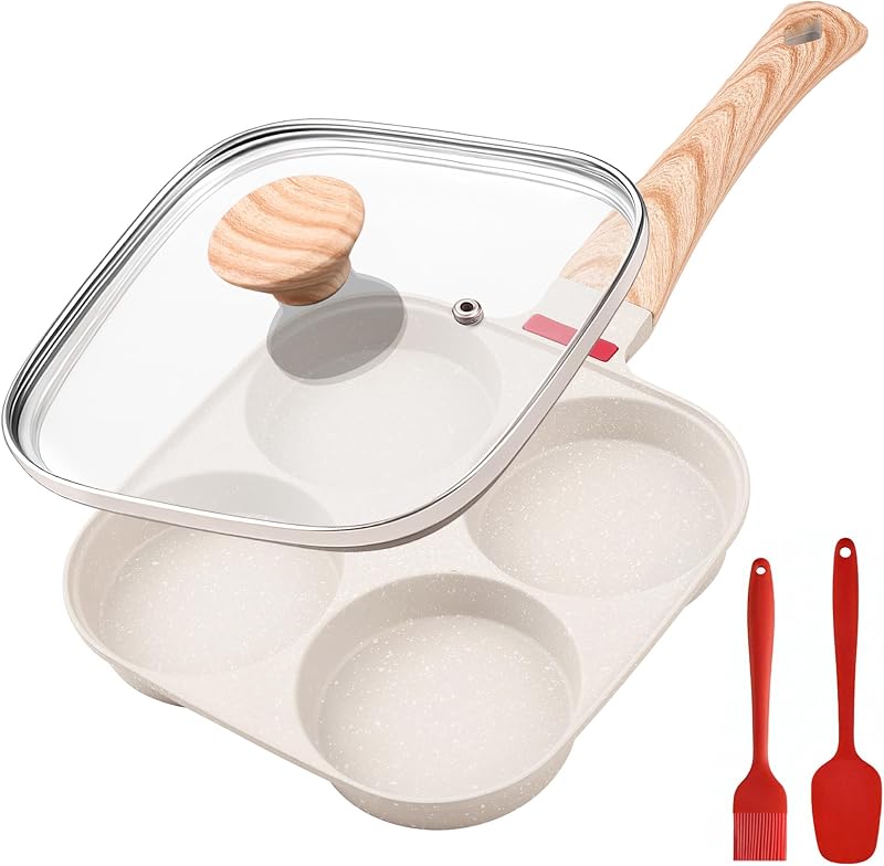 Egg Pan with Lid 4 Cup Nonstick Egg Frying Pan Omelette Skillet | Aluminum 4-Hole Omelette Pan with Glass Lid, Spatula, and Silicone Brush. Works for Breakfast Eggs, Bacon, and Mini Pancakes.