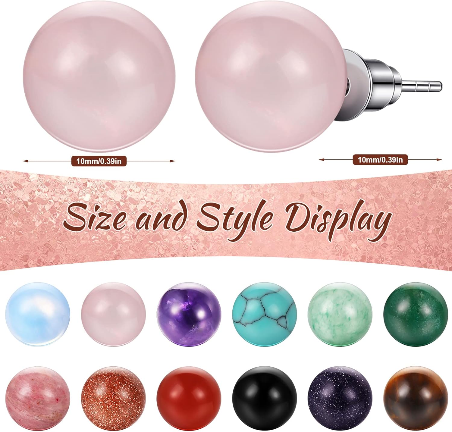 Laumoi 12 Pairs Natural Agate Stone Ball Studs Crystals Gemstone Amethyst Rose Quartz Earrings Studs Round Polished Earrings Jewelry for Women - Image 2