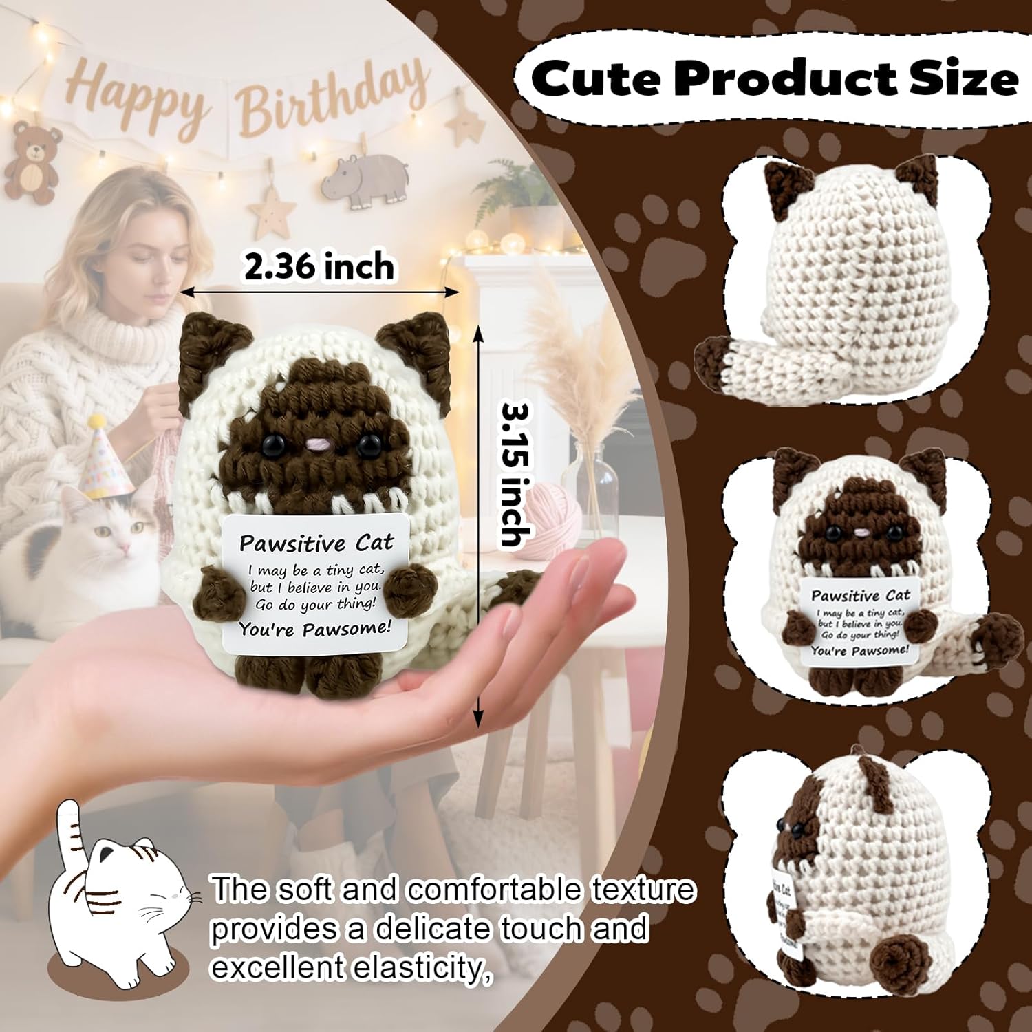 Handmade Positive Siamese Cat, Easter Basket Stuffers for Teens Boys Girls,Mini Brown Cat Crochet Animal, Emotional Support Cat, Birthday Mothers Day Graduation Gifts for Son Daughter Women Friends