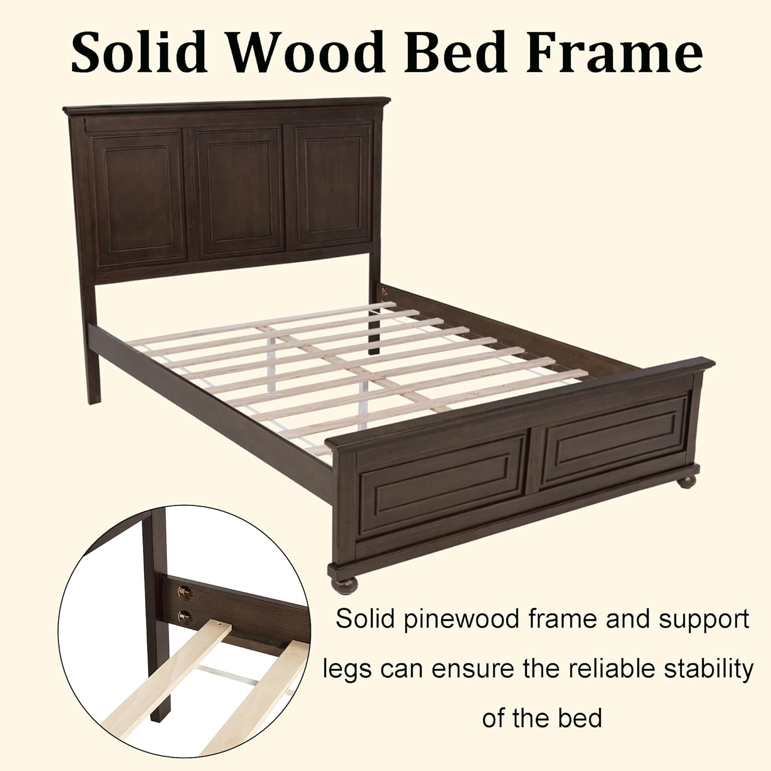 Farmhouse Queen Size Platform Bed for Adults, Solid Wood Platform Beds with Tall Headboard & Footboard, Queen Panel Bed for Bedroom, Rich Brown