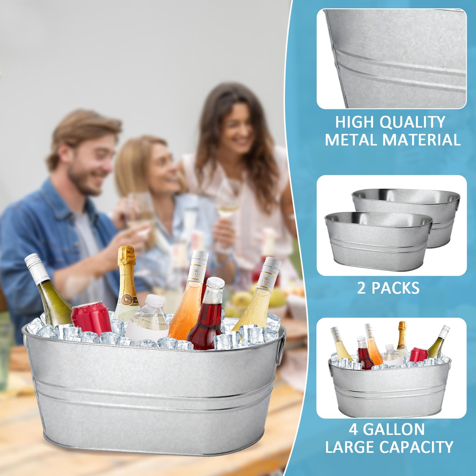 Paquete de 2 cubos de hielo galvanizados de 4 galones para fiestas, tina portátil para bebidas con asas, cubo de champán, cubos de hielo de metal para bar de cóctel con cuchara de hielo