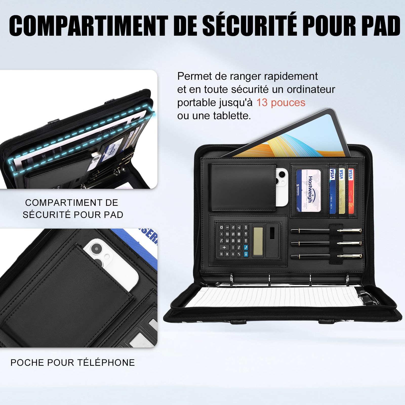 Leathario Porte Documents A4 Portfolio avec Stylo et 5 Intercalaires 10 Pochettes Padfolio Poignée Magnétique