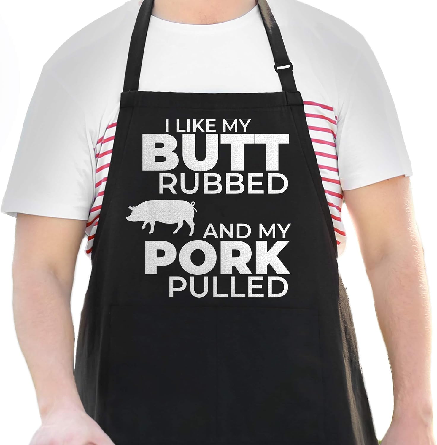 Funny Apron for Men - I Like My Butt Rubbed And My Pork Pulled - Adjustable Large 1 Size Fits All - Poly/Cotton Apron with 2 Pockets - BBQ Gift Apron for Father, Husband, Chef