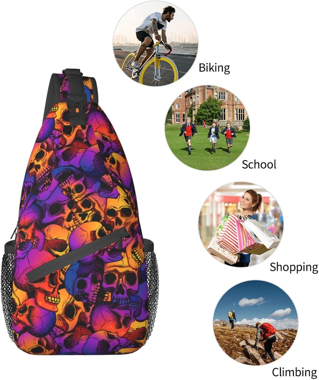 Sling Bag Purple Skull Crossbody Backpack for Women Men Hiking Travel Over the Shoulder Bag Pouch Small Daypack Casual One Strap Pack Lightweight Cross Chest Bag Purse Outdoor Cycling