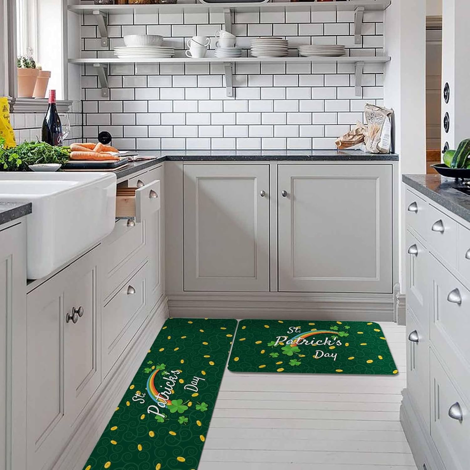 St. Patrick's Day Kitchen Rugs and Mats Set of 2, Non-Slip Kitchen Sink Mat, Green Shamrock Rainbow Gold Coin Simple Washable Doormat Bathroom Rugs Runner for Bedroom 15.7"x23.6"+15.7"x47.2"