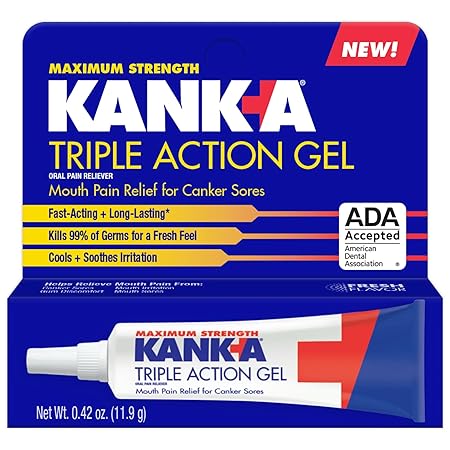 Kank-A Triple Action Gel, 0.42 oz, Maximum Strength Mouth Pain Relief Gel for Canker Sores, Triple Action Treatment, Fast Acting and Long-Lasting Pain Relief, Cools and Soothes Irritation, 0.42 oz