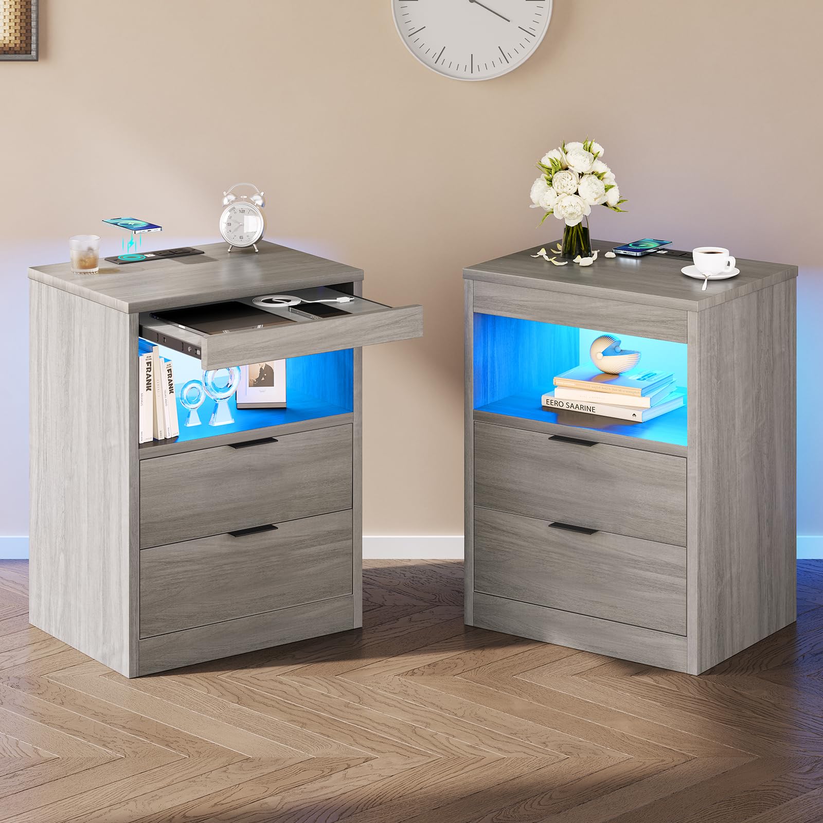 Amazon.com: Tiptiper LED Nightstand Set of 2, Gray Nightstand with