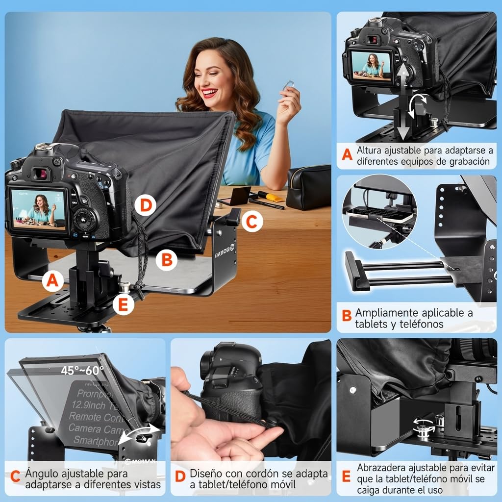 Moman MT12 Teleprompter Metálico de 12,9 Pulgadas, con App Remota y Control Remoto, Soporte Ajustable - Compatible con iPad, iPhone, Tabletas, Smartphones y Cámaras DSLR