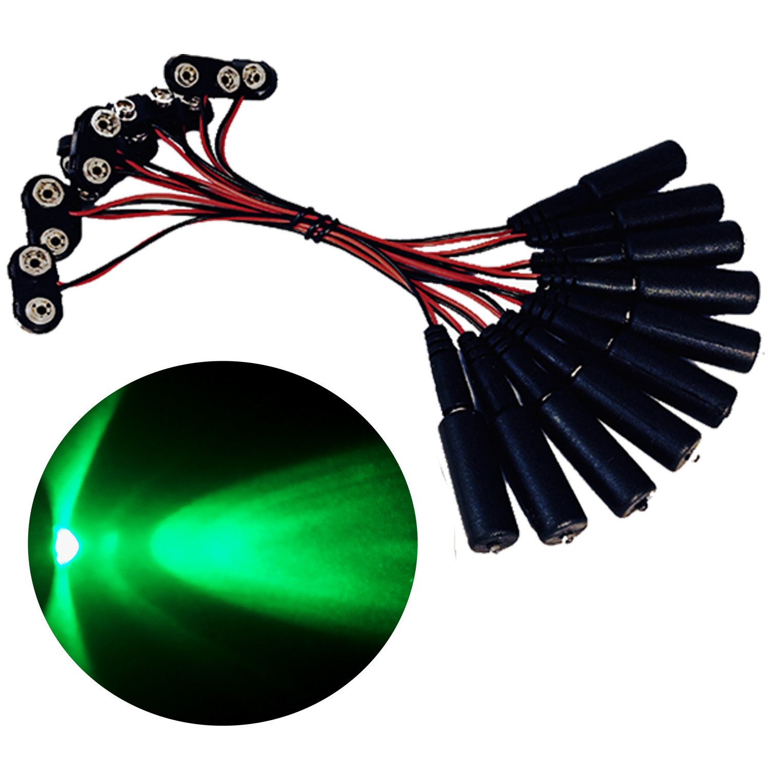 Prop and Scenery Lights10 pack green LED effects light operates from 9V battery, narrow spot for theatrical costumes s with 9 volt battery clips