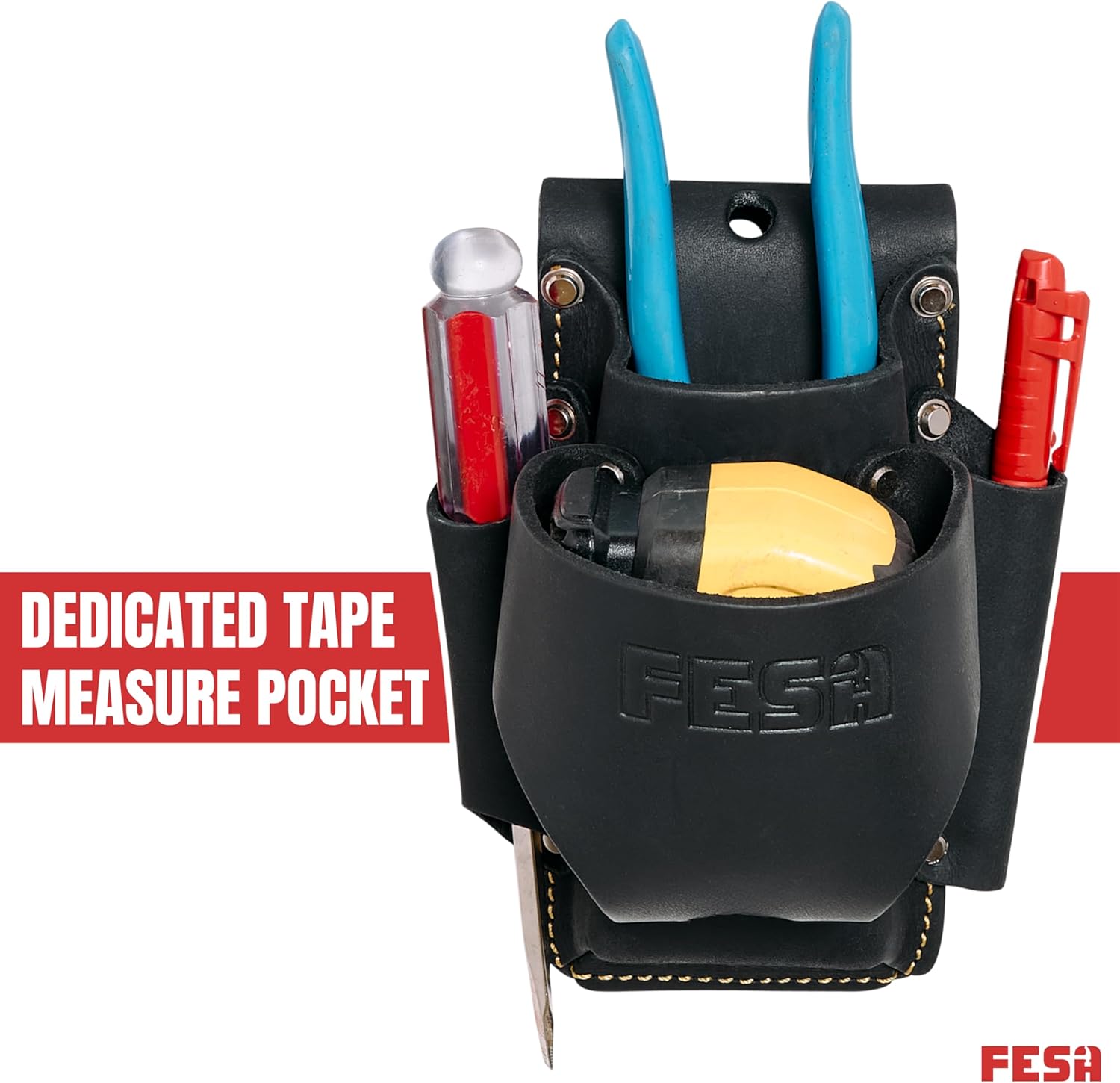 FESA Small Leather Tool Pouch - 4-in-1 Heavy Top Grain Leather Small Tool Pouch with a Tape Measure Holder, 3 Pockets & Reinforced Heavy Duty Rivets - Fits Belts up to 3" - Handcrafted