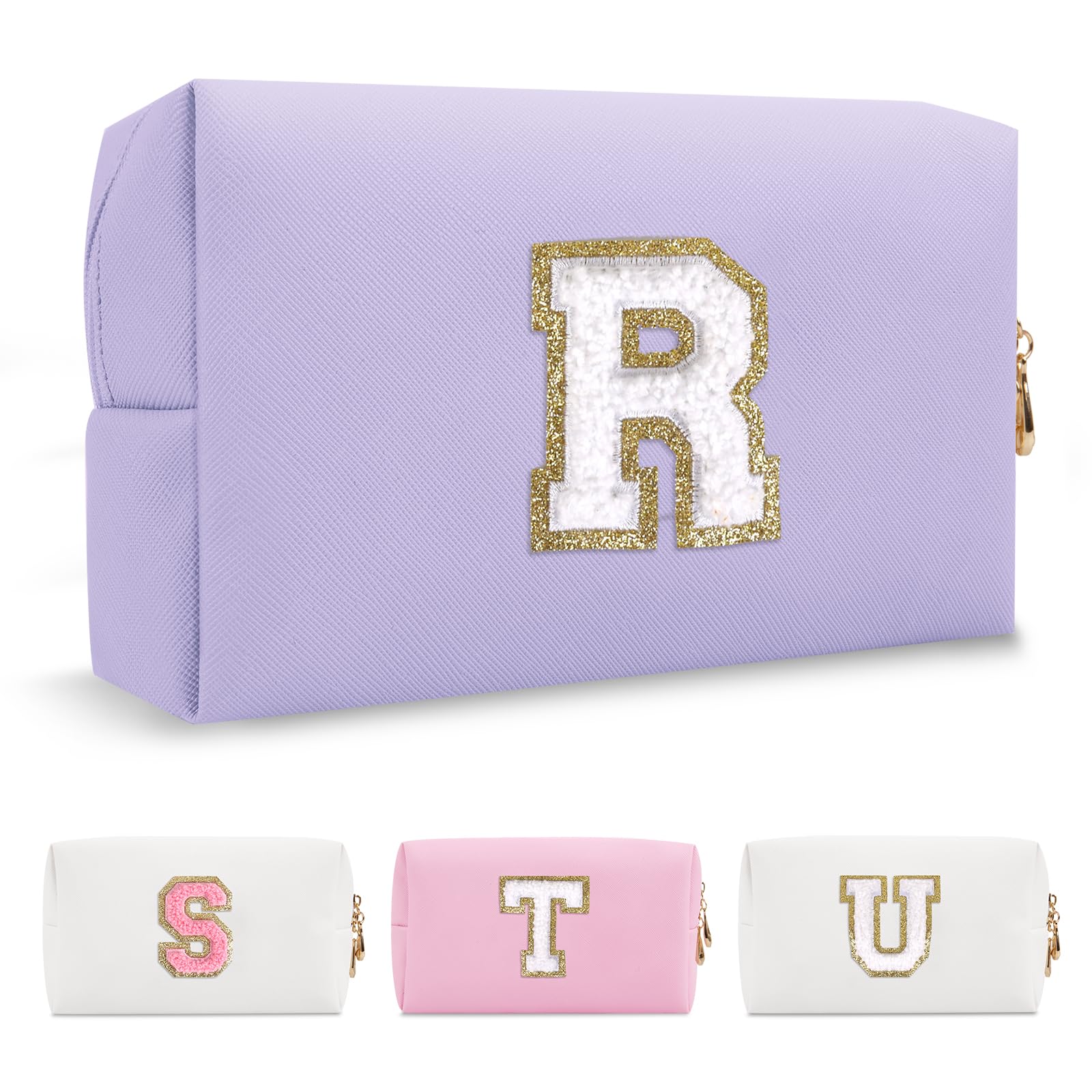Personalized Makeup Bag Initial A-Z Preppy Patch Bag,Small PU Leather Travel Cosmetic Bag Pouch with Zipper,Purple Cute Toiletry Bag,Gift Ideal for