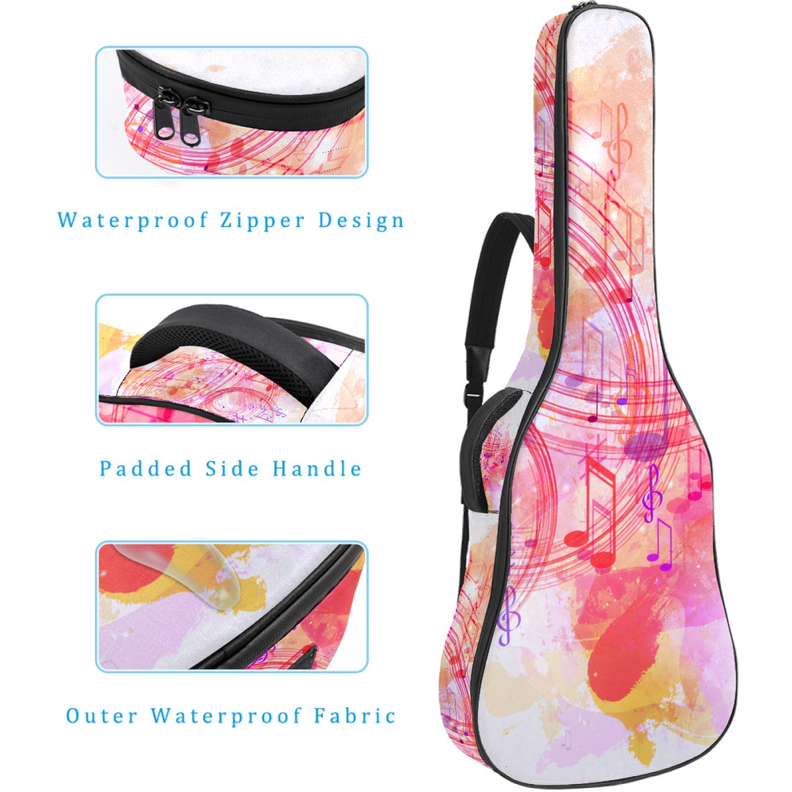 Gitarrentasche mit Reißverschluss, wasserdicht, weich, für Bassgitarre, Akustik- und klassische Folk-Gitarre, Pink mit Musiknoten