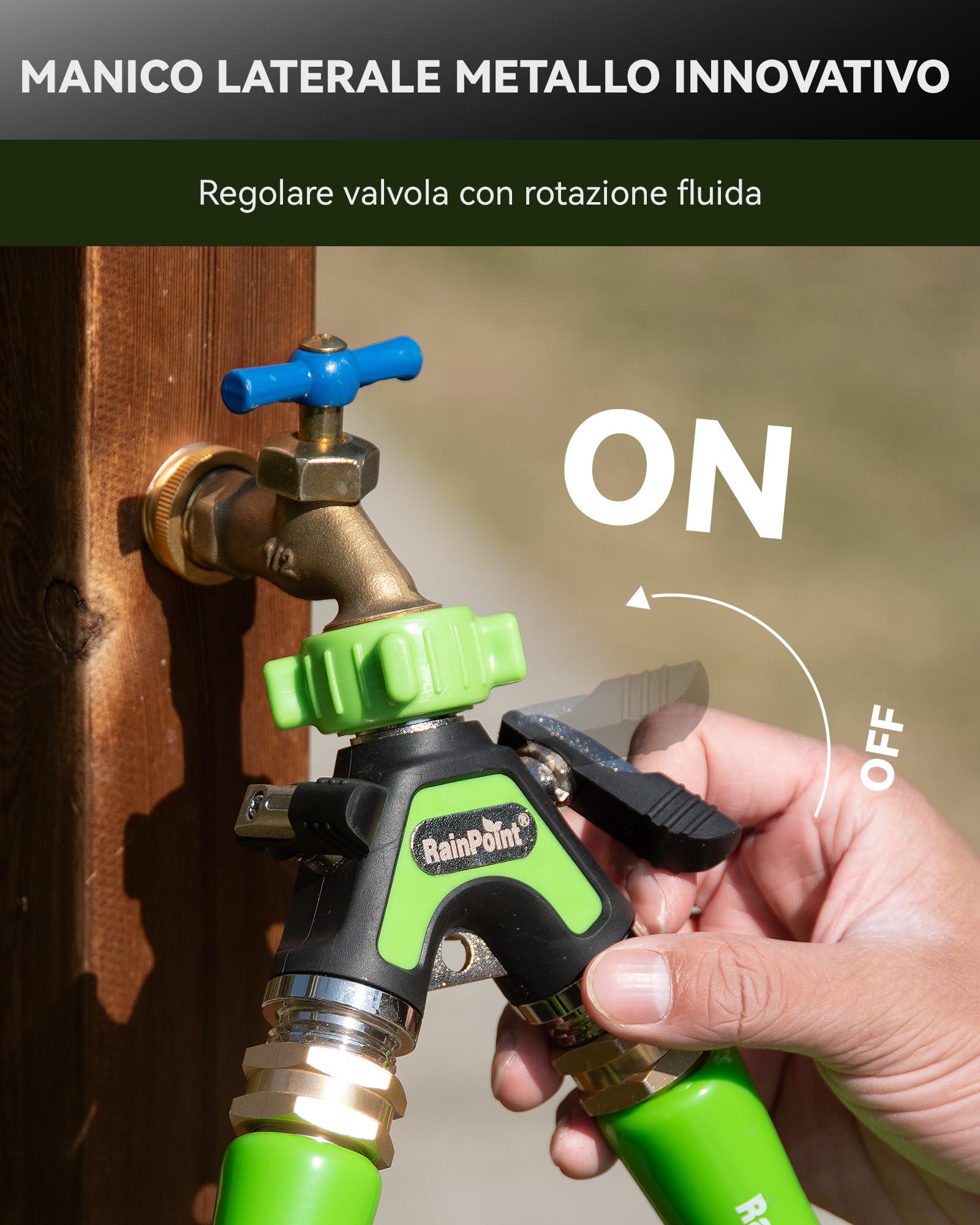 RAINPOINT Deviatore a 2 Vie, Raccordo a Y in Metallo Robusto per Tubo da Giardino con Maniglie Laterali da 5.2cm e Valvole di intercettazione, Divisore Acqua 3/4" e 1/2" per 2 Dispositivi, Verde