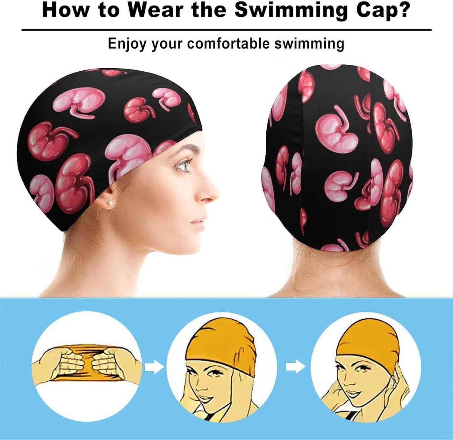 Two Kidney Womens Swim Cap for Men Adult Swimming Hat Curly Short Medium Long Hair