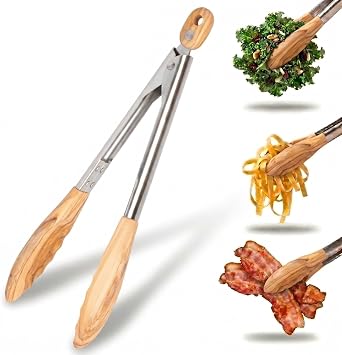 Salt & York 11-Inch Olive Wood Tongs, Long Handle Kitchen Tongs for Cooking, Salad, Pasta, and Grilling, Farmhouse Style Kitchen & Cookware, Ideal for Entertaining, Wedding and Housewarming Gift