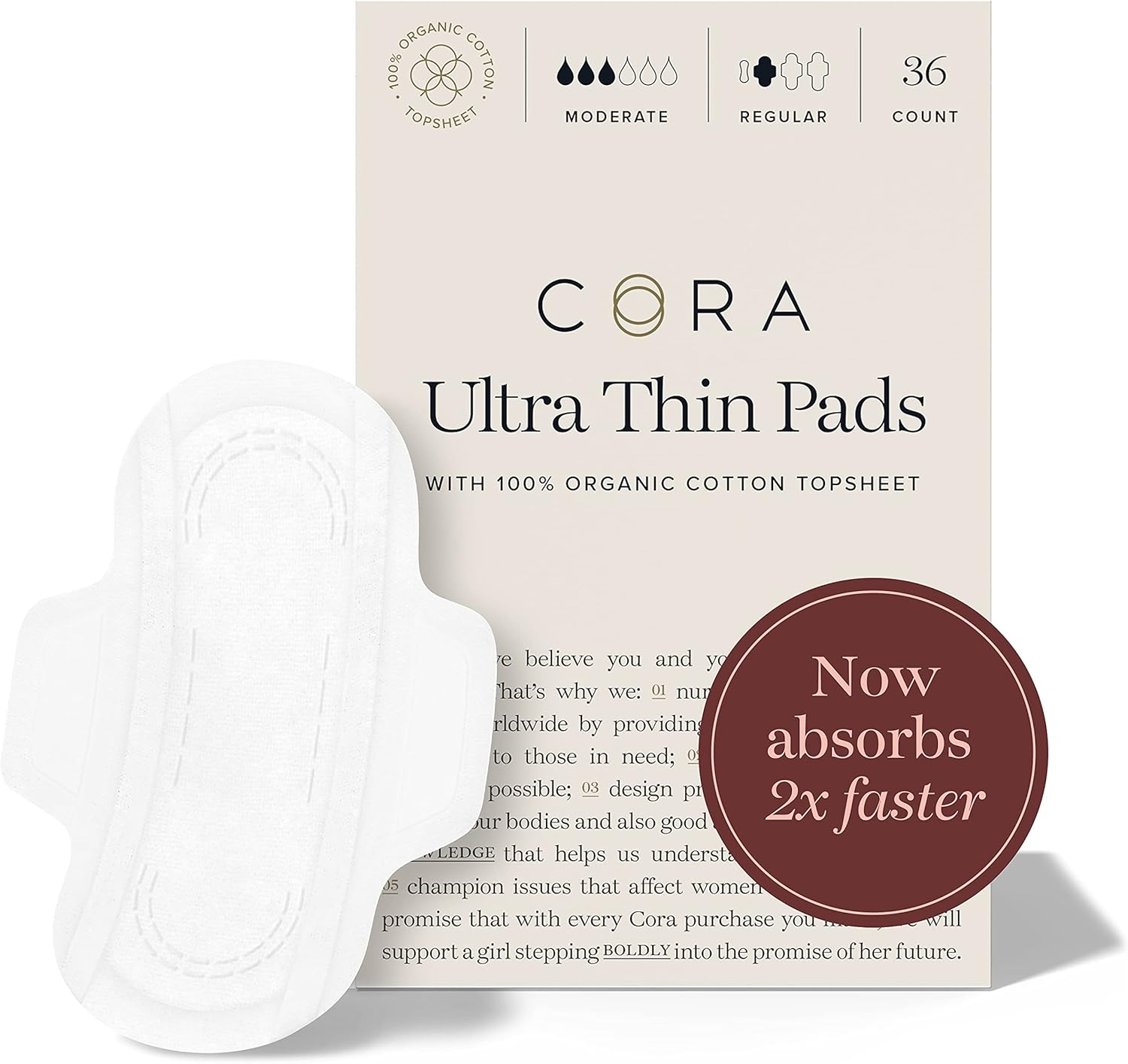 Cora Organic Pads | Ultra Thin Period Pads with Wings | Regular Absorbency | Ultra-Absorbent Sanitary Pads for Women | 100% Organic Cotton Topsheet (36 Count (Pack of 1)) : Health & Household